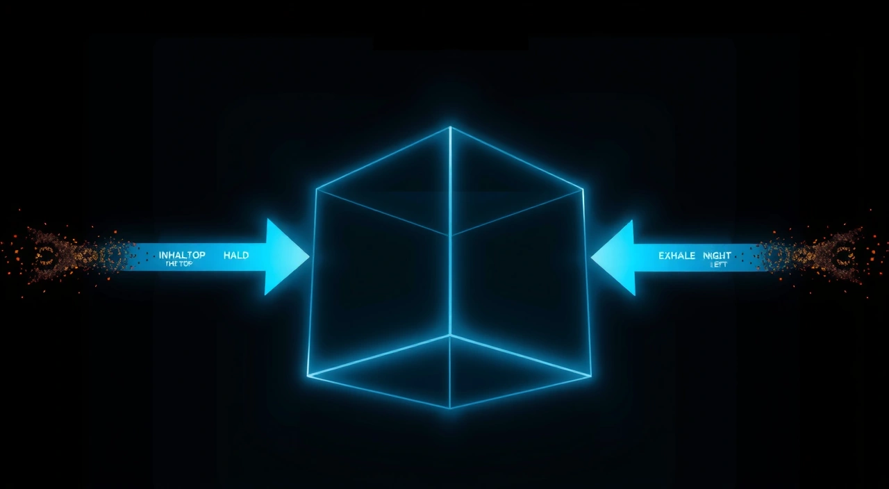 Visualização 3D do box breathing com fluxo de ar formando um quadrado geométrico