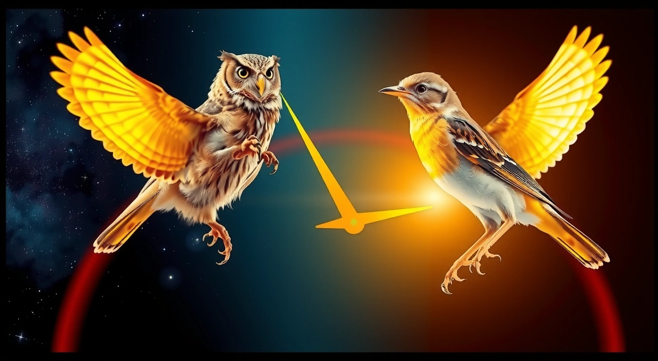 Ilustração 3D do cronotipo coruja e matutino com relógio circadiano